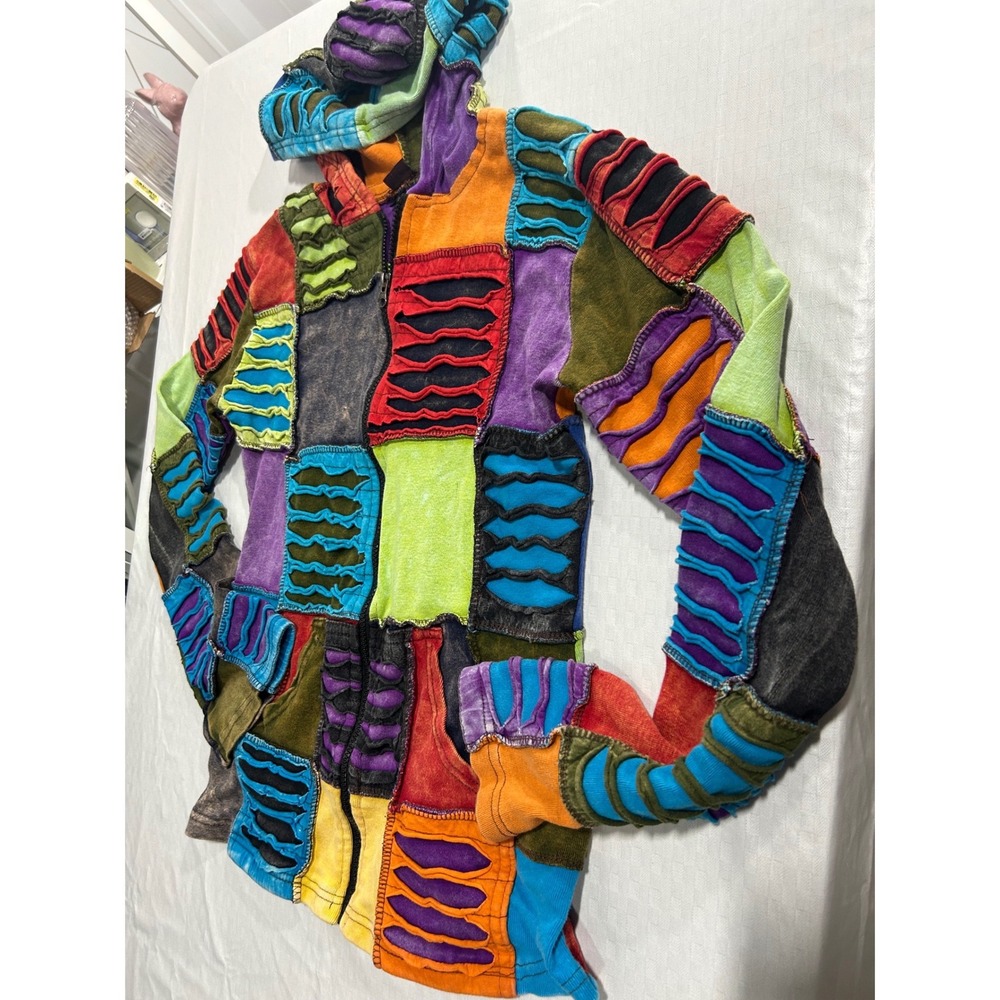 Nepal Patchwork Slashed Zip Up Hoodie Multicolor Boho Hippie Festival Jacket M
